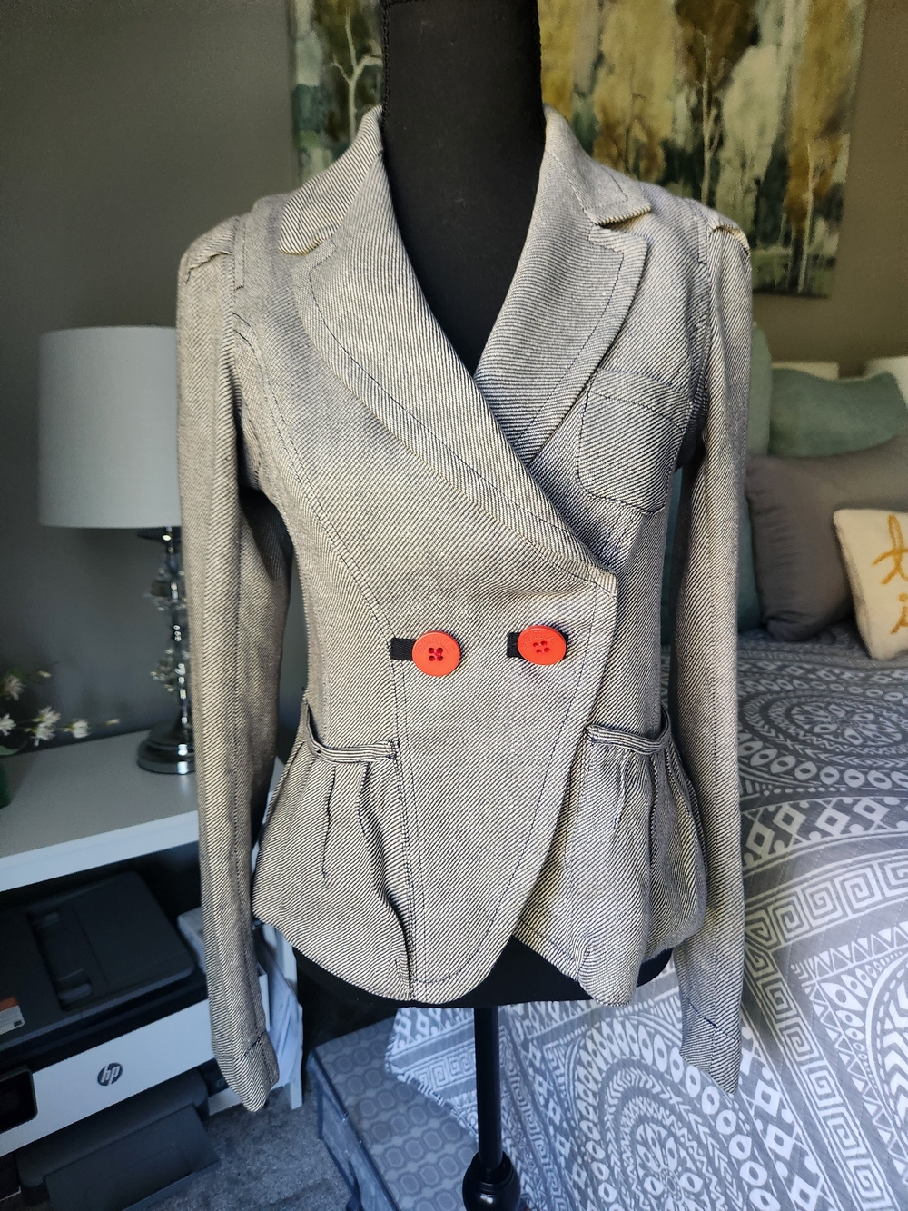Sonia Rykiel Gray Herringbone Blazer with Red Buttons